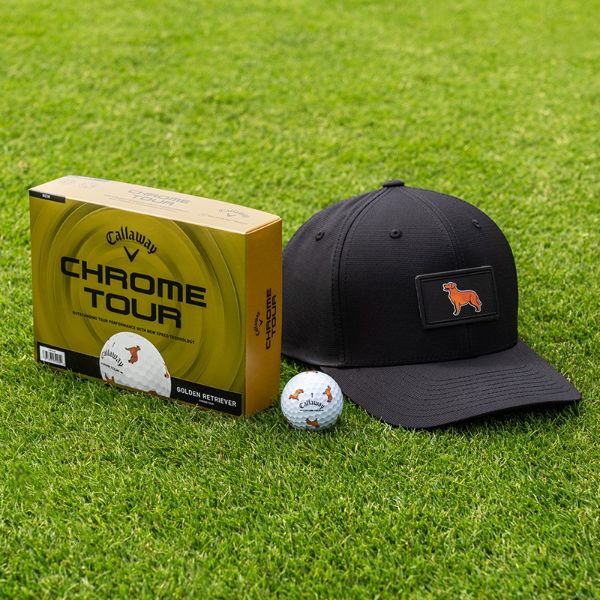 Chrome Tour Golf Balls and Golden Retriever Hat