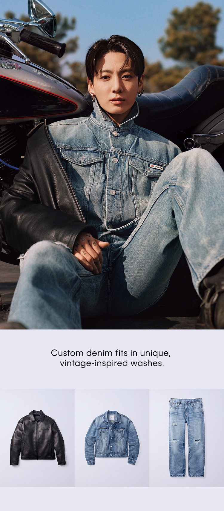 Custom denim fits in unique, vintage-inspired washes.