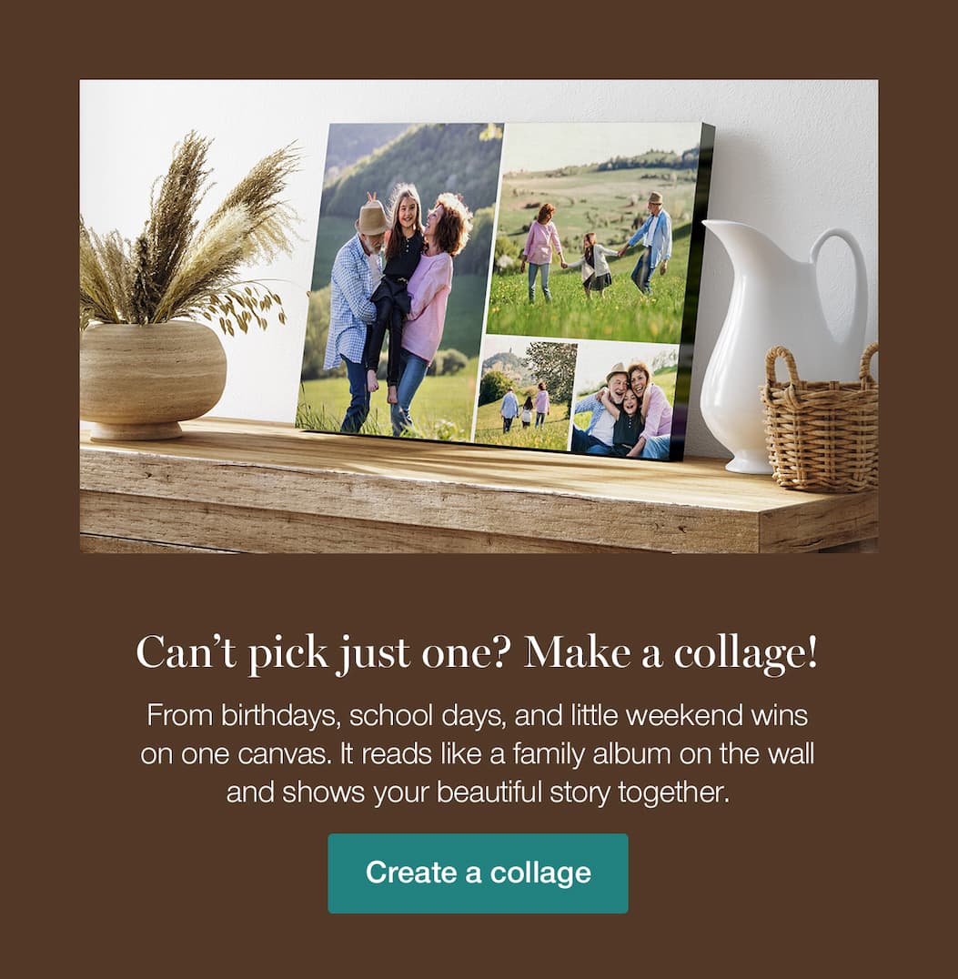 Can’t pick just one? Make a collage! From birthdays, school days, and little weekend wins on one canvas. It reads like a family album on the wall and shows your beautiful story together.