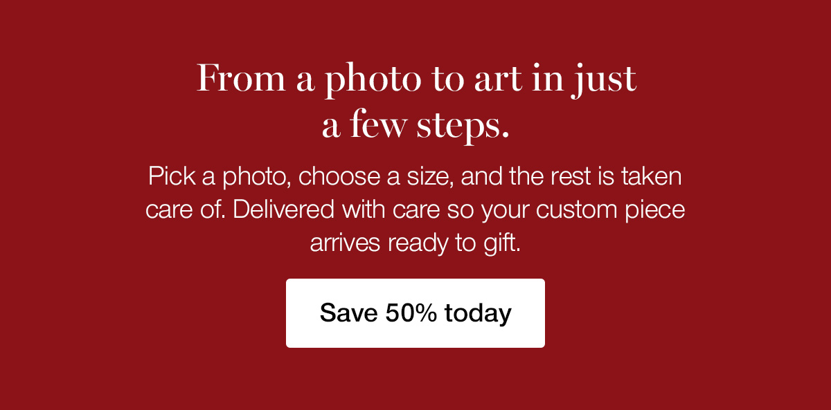 From a photo to art in just a few steps. Pick a photo, choose a size, and the rest is taken care of. Delivered with care so your custom piece arrives ready to gift.