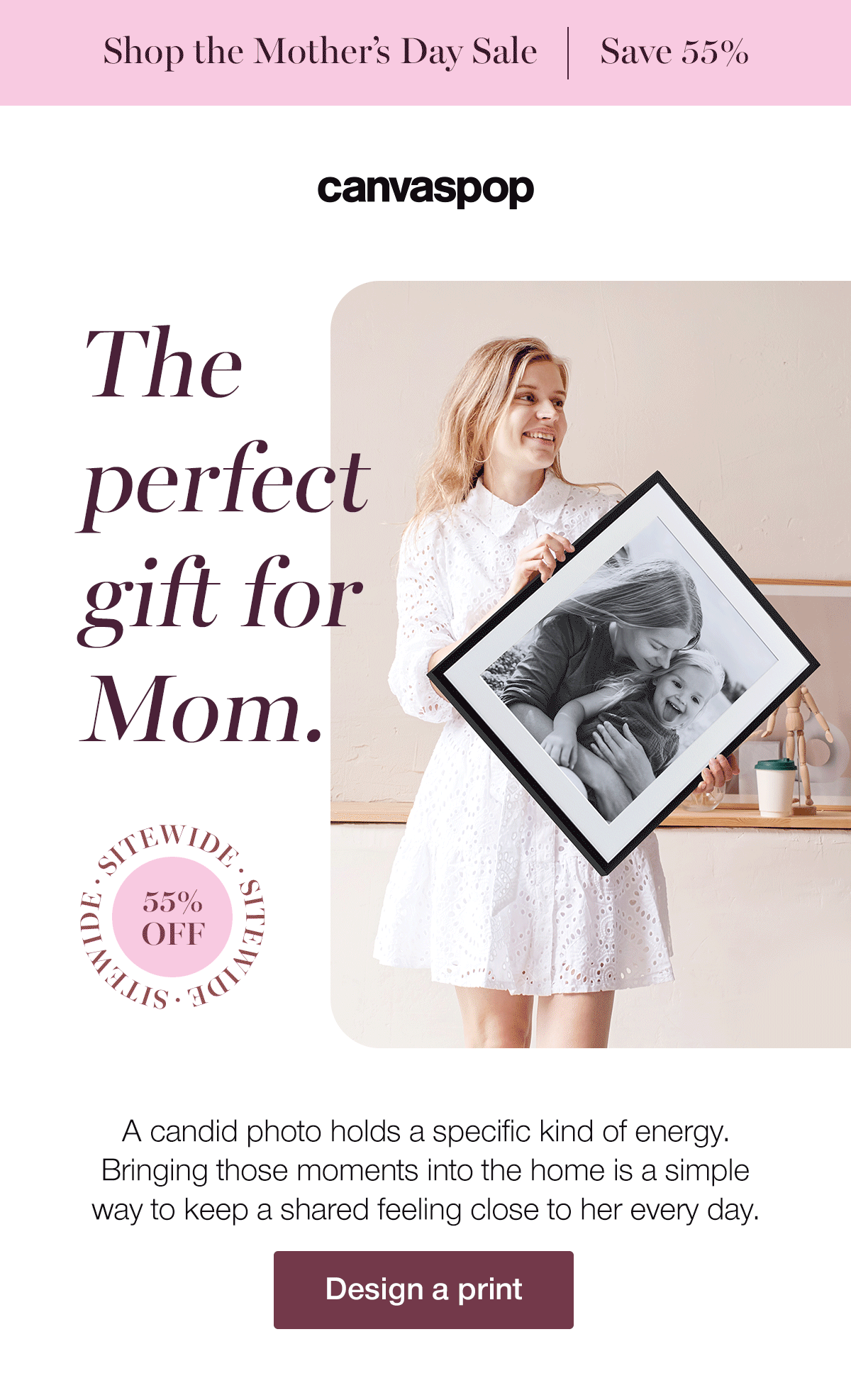 The perfect gift for Mom. 55% off sitewide. A candid photo holds a specific kind of energy. Bringing those moments into the home is a simple way to keep a shared feeling close to her every day.