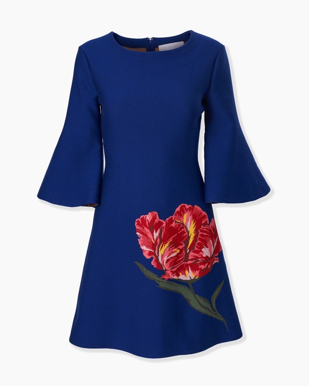 Floral Jacquard Mini Dress with Flared Sleeves
