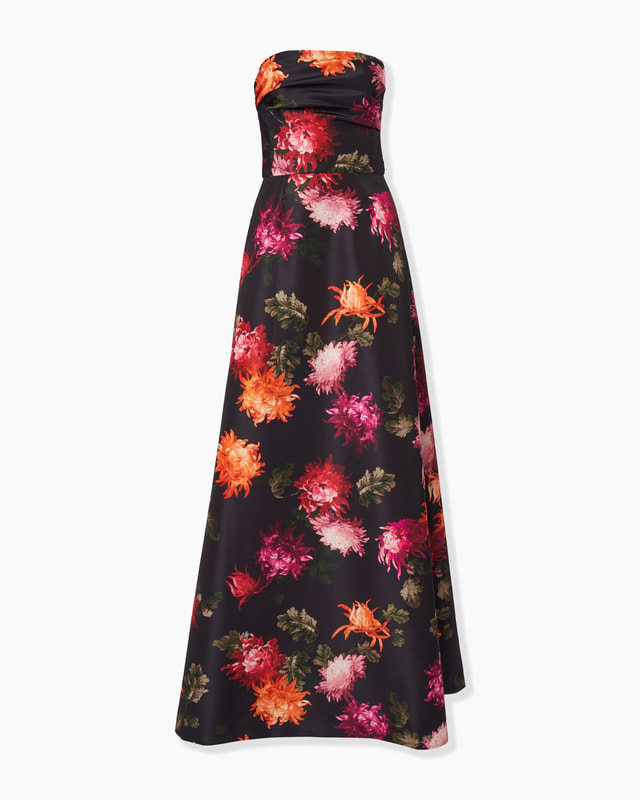 Chrysanthemum-Print Strapless Gown