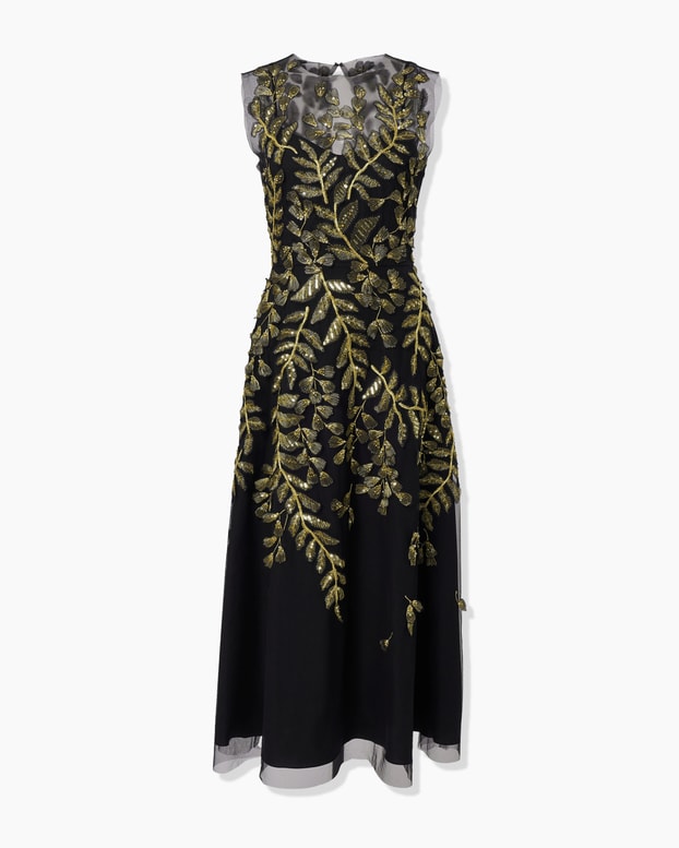 Gold Leaf-Embroidered Tulle Midi Dress