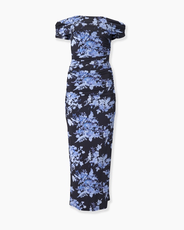 Floral-Print Ruched Jersey Gown