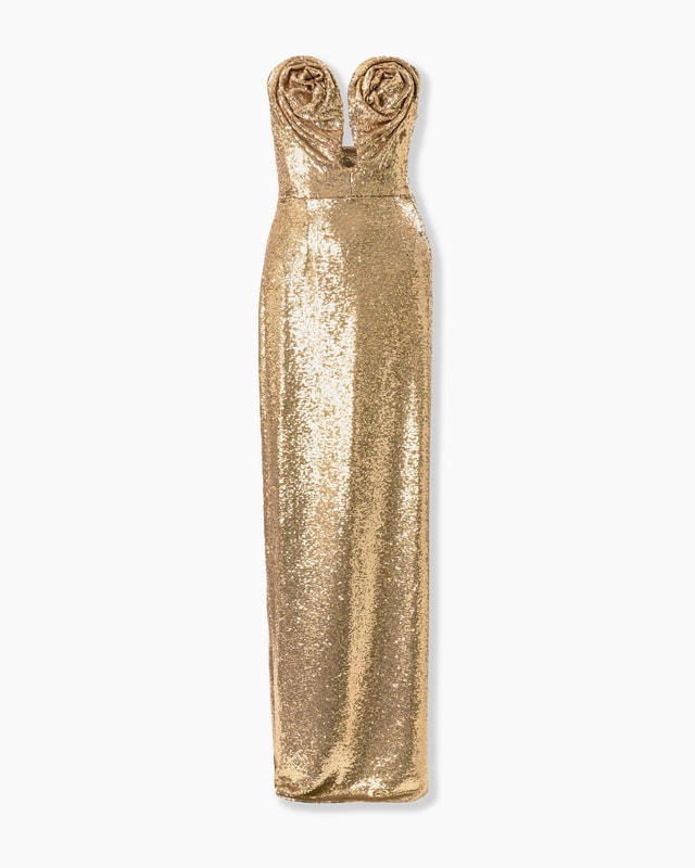 U-Neck Sequined Gown with Rosettes