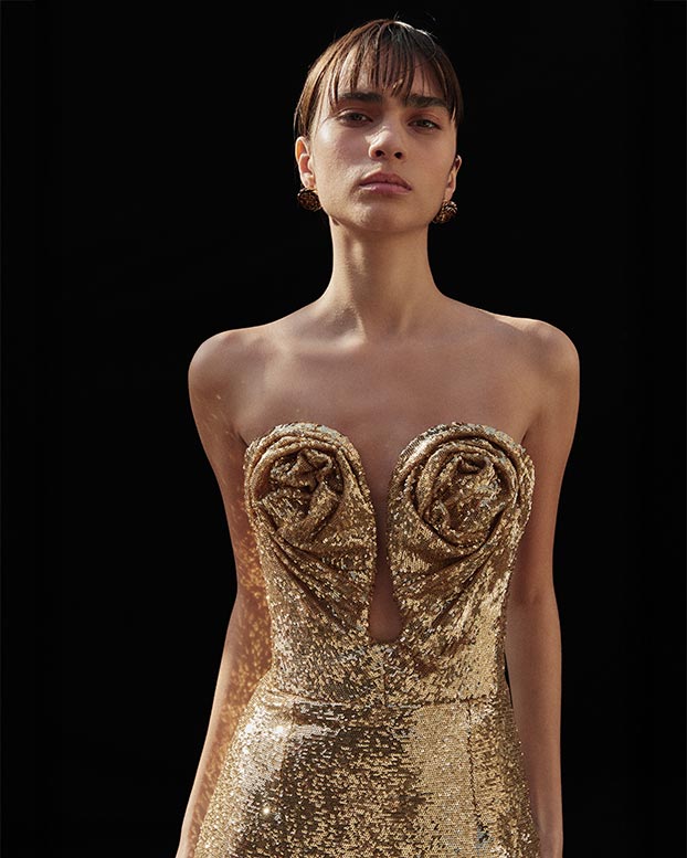U-Neck Sequined Gown with Rosettes