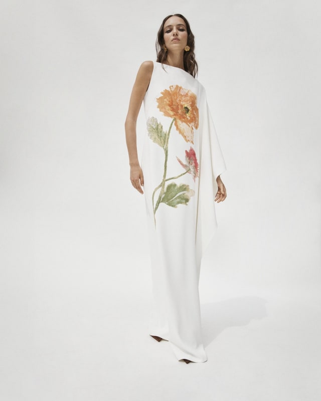 Poppy-Print Cape-Gown