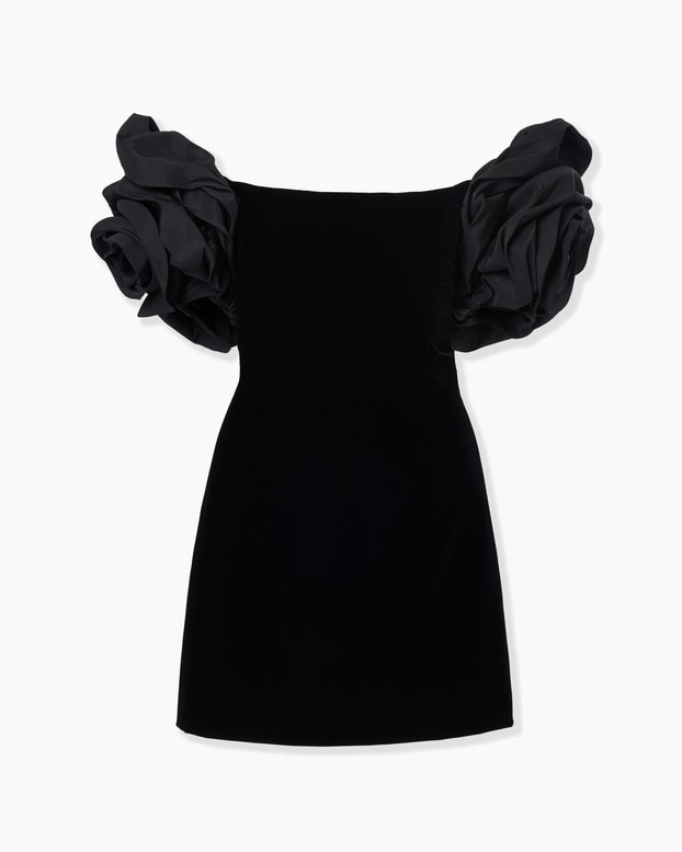 Off-Shoulder Velvet Mini Dress with Rosettes