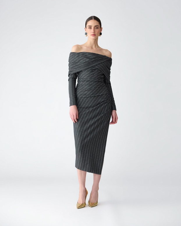 Off-Shoulder Pinstripe Midi Dress