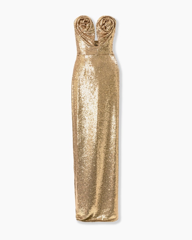 U-Neck Sequined Gown with Rosettes