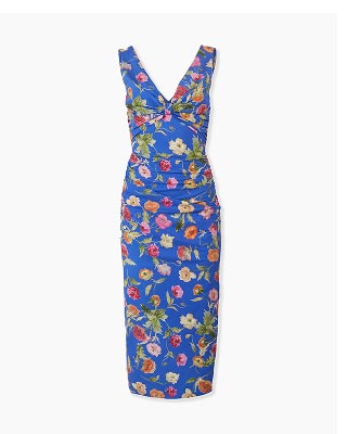 Poppy-Print Gathered Midi Dress
