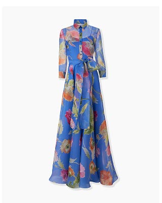 Poppy-Print Organza Trench Gown