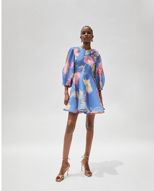 Poppy-Print Organza Mini Dress