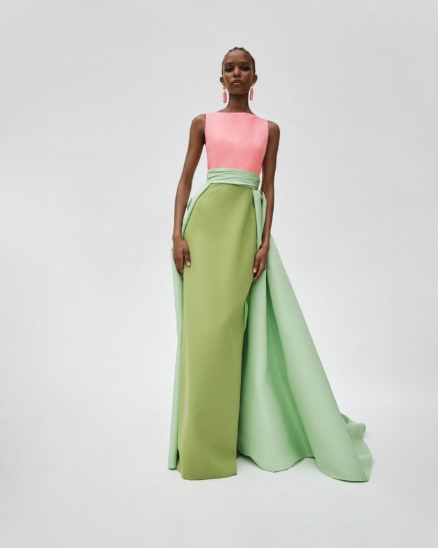 Color-Blocked Column Gown with Overskirt