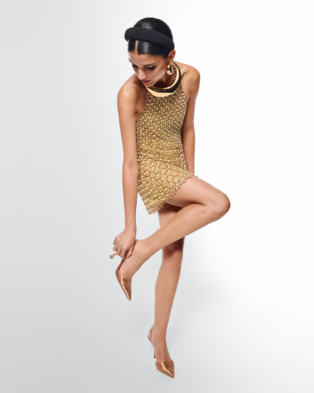 Gold Embellished Halterneck Mini Dress