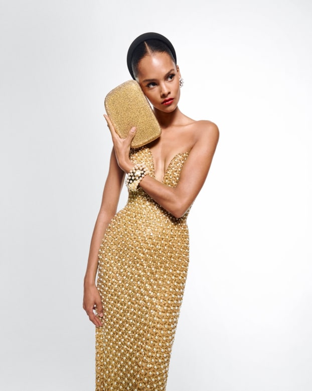 Gold Embellished Deep V-Neck Dress