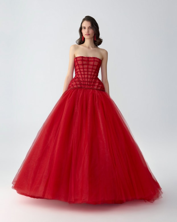 Crystal-Embroidered Strapless Gown