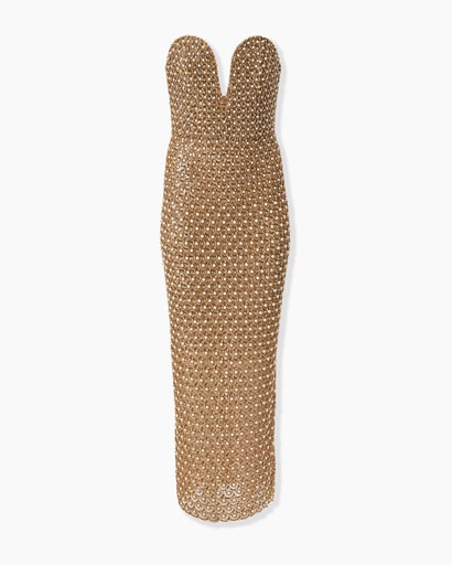 Gold Embellished Deep V-Neck Dress