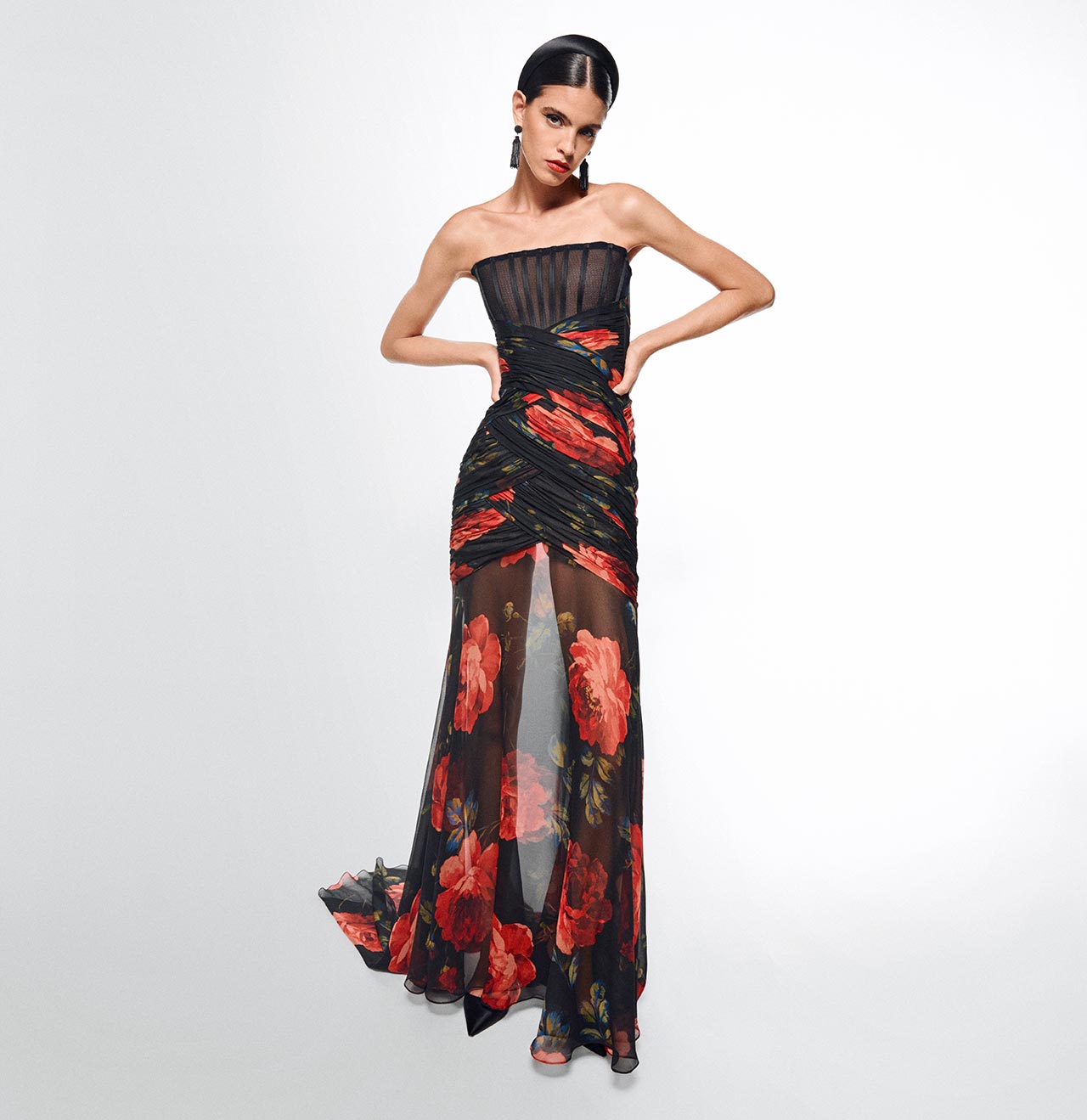 Rose-Print Chiffon Bustier Gown