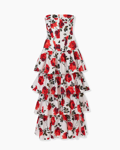 Rose-Print Tiered Midi Dress
