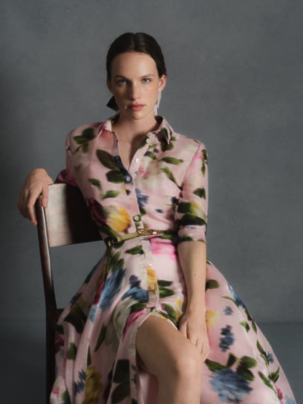 Floral-Print Trench Gown
