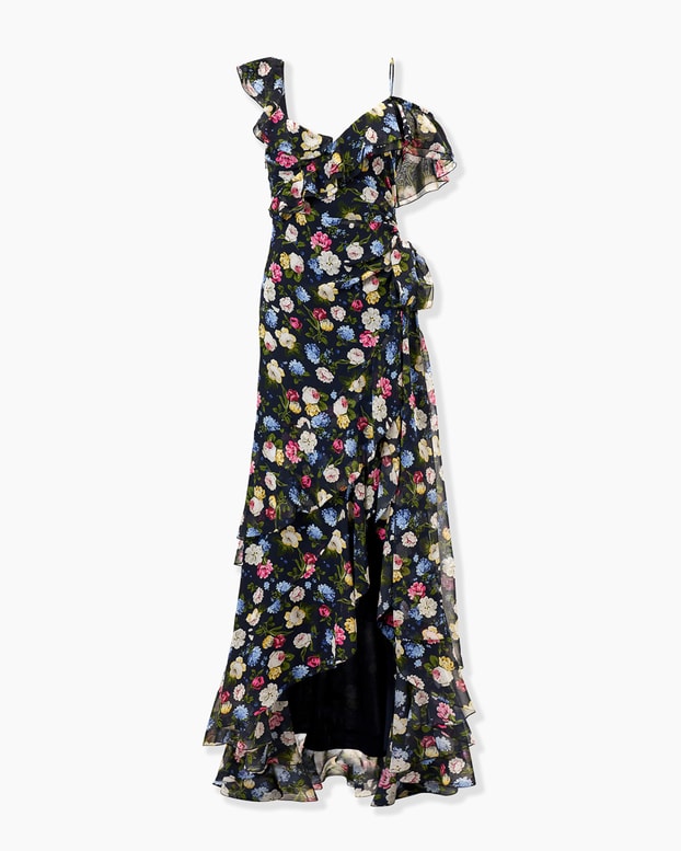 Floral-Print Chiffon One-Shoulder Gown