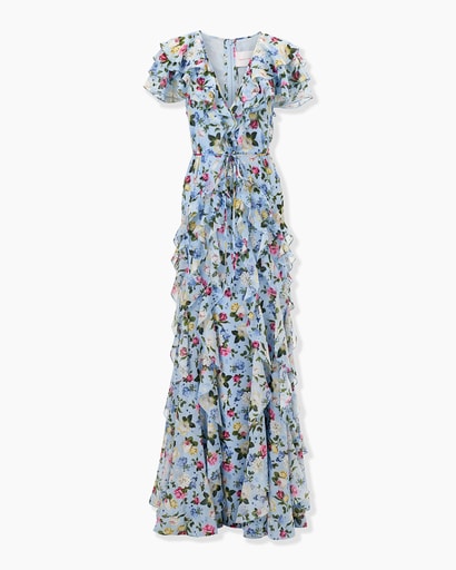 Ruffled Floral-Print Chiffon Gown