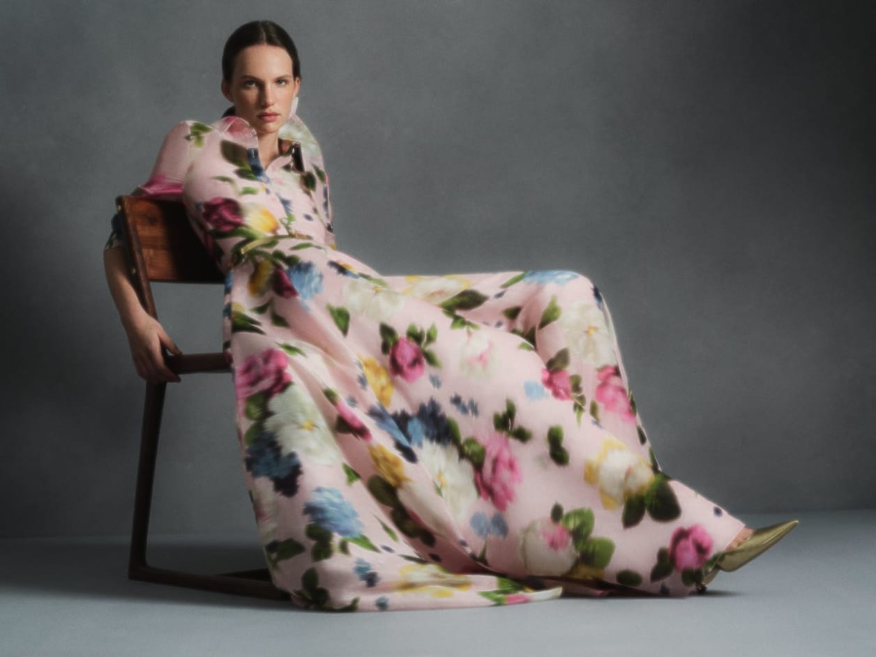 Floral-Print Trench Gown