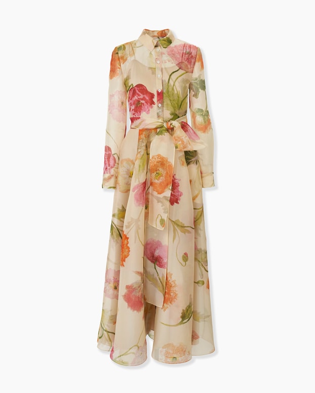 Poppy-Print Organza Trench Dress