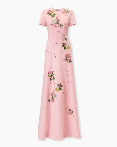 Floral-Embroidered Crepe Gown