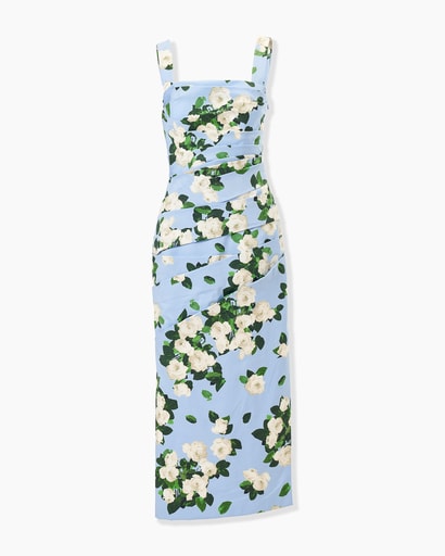 Rose-Print Draped Midi Dress