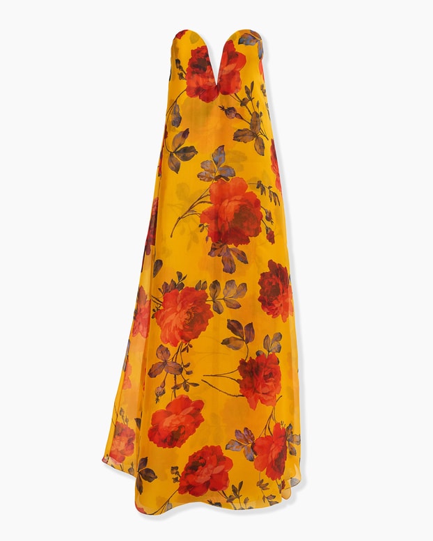 Rose-Print Organza V-Neck Gown
