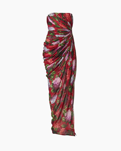 Hydrangea-Print Draped Chiffon Gown