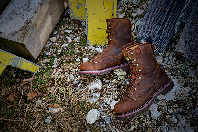 The 28 Series 8" Waterproof Work Boots in brown laying on the ground. Shop best sellers.