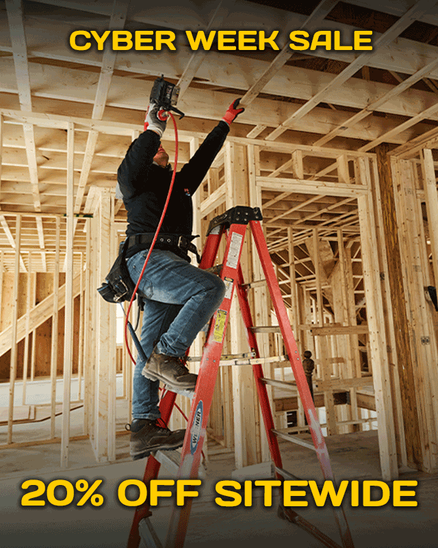 Cyber Week Sale. 20% off sitewide. A man on a ladder wearing Carolina boots. Shop men's.