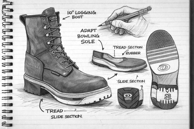 Sketches of a Carolina bowling boot: 10" Logging boot, adapt bowling sole, tread section rubber, tread slide section, slide section. Follow Carolina Shoe on Instagram.
