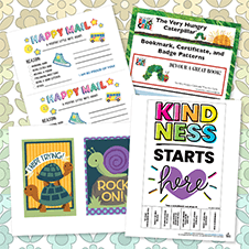 Assorted free printable sheets against a flower pattern background.