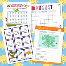 Assorted free printable sheets against a blue background with smiling yellow suns.