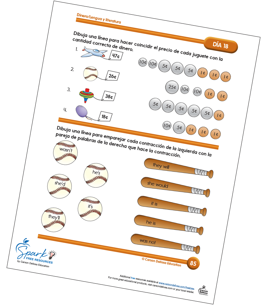 Image of Summer Bridge Activities Spanish Grade 1-2 Money & Contractions Free Sample