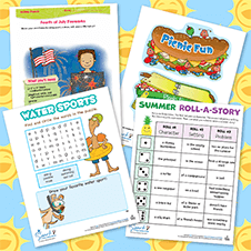 Assorted free printable sheets against a blue background with smiling yellow suns.