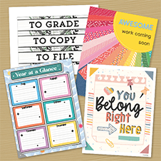 Assorted free printable sheets on a light wood background.