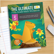 IXL Ultimate Math Grade 5 workbook lying on a desk with lined paper, pencils, and an eraser.
