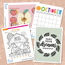 Assorted free printable sheets on a brown, stitched pattern background.