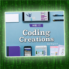 Coding Creations book cover against a green-and-black, matrix-like background.