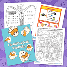 Assorted fall and Halloween free printable sheets on a purple background with cartoon ghosts.