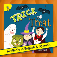 Trick or Treat free ebook cover art against a pumpkin design background with the text 'Available in English and Spanish".
