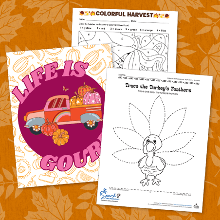 three fall worksheets on an orange leaf-print background