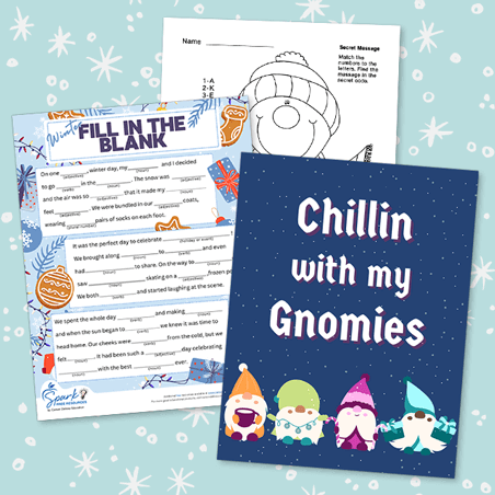 three winter worksheets on a light blue snowflake-print background
