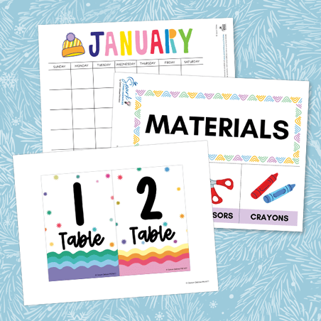 three January printables on a light blue pine-print background